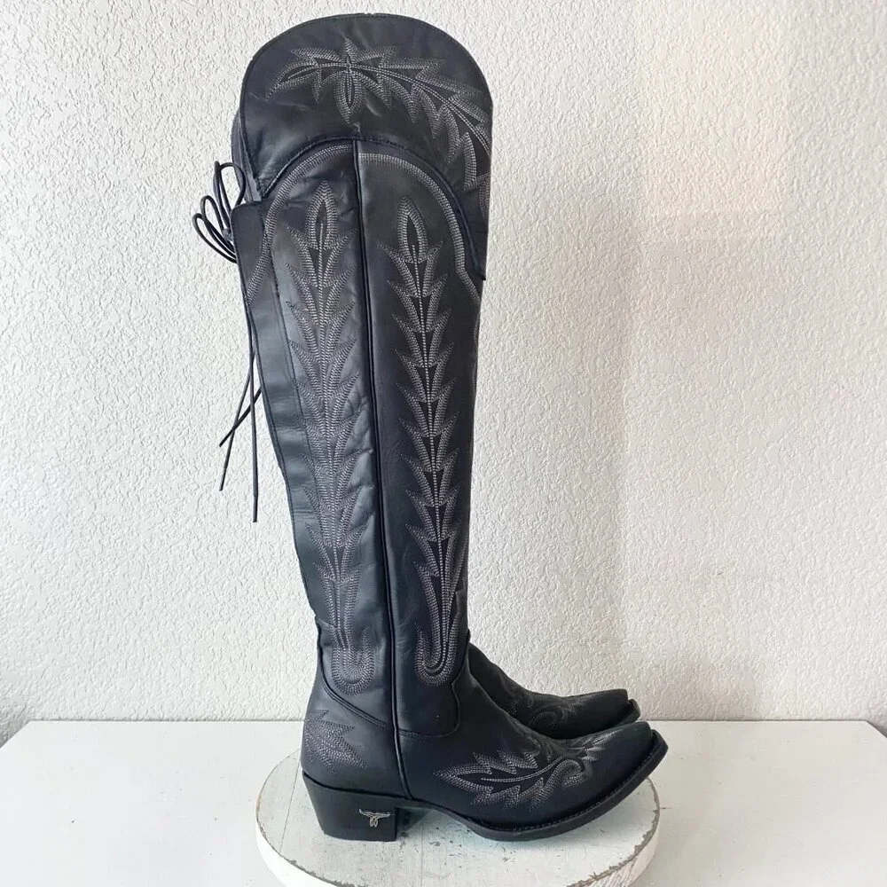 Lane LEXINGTON Over The Knee Womens Cowboy Boots 7.5 Black Western Cowgirl Tall